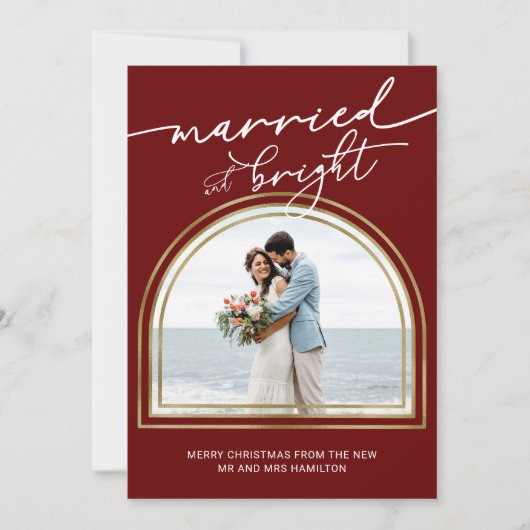 Marriott & Bright Arch Holiday Wedding Announcemen Feestdagenkaart (Voorkant)