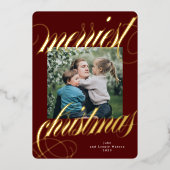 Marroon Merriest Kerstmis Kalligrafie Een foto Folie Feestdagenkaart (Voorkant)