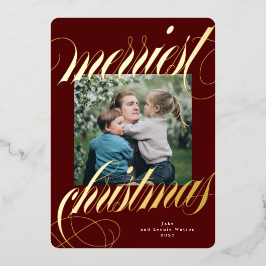 Marroon Merriest Kerstmis Kalligrafie Een foto Folie Feestdagenkaart (Voorkant)