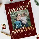 Marroon Merriest Kerstmis Kalligrafie Een foto Folie Feestdagenkaart<br><div class="desc">💌 Deel de liefde en spreid feestvreugde met mijn zorgvuldig vervaardigde wenskaart. Deze kaart is een canvas voor uw vakantiewensen aan vrienden, familie en hogescholen. Ik sierde de boeiende design en dit bepaalde mijn hele vakantie collectie. Ik hoop dat je net zoveel van de kaarten en het collectie houdt als...</div>