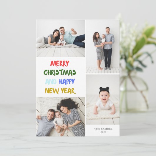 Marry Christmas & Happy New Year 4 Photo White Feestdagenkaart (Staand voorkant)