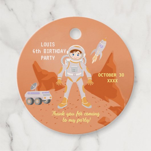 Mars astronaut jongen thema verjaardagsfeestje bedankjes labels (Voorkant)