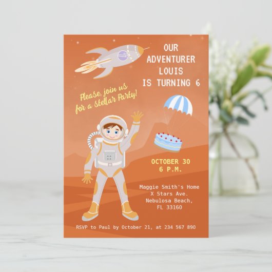 Mars astronaut jongen verjaardagsfeestje thema kaart (Staand voorkant)