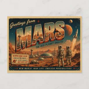 Mars Retro Sci-Fi Ansichtkaart Vintage Rode Plan Briefkaart