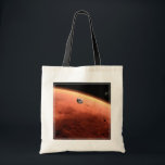 Mars Science Laboratory nadert Mars. Tote Bag<br><div class="desc">Artistiek concept van Mars Science Laboratory ruimtesonde nadert Mars. De Curiosity rover is veilig verstopt in de aeroshell van het ruimtevaartuig.</div>