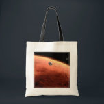 Mars Science Laboratory nadert Mars. Tote Bag<br><div class="desc">Artistiek concept van Mars Science Laboratory ruimtesonde nadert Mars. De Curiosity rover is veilig verstopt in de aeroshell van het ruimtevaartuig.</div>
