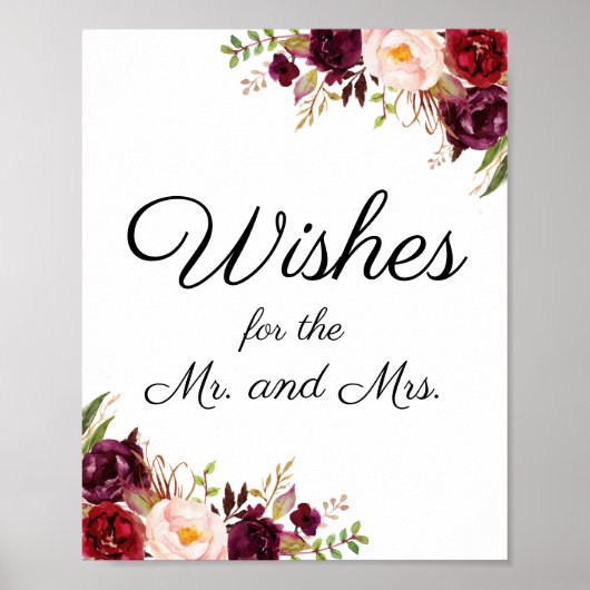 Marsala and Pink Floral Wedding Wishes Sign Poster (Voorkant)