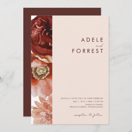 Marsala Autumn Floral | Blush All-in-One bruiloft Kaart (Voorkant / Achterkant)