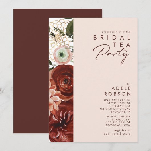 Marsala Autumn Floral | Blush Bridal Tea Party Kaart (Voorkant / Achterkant)