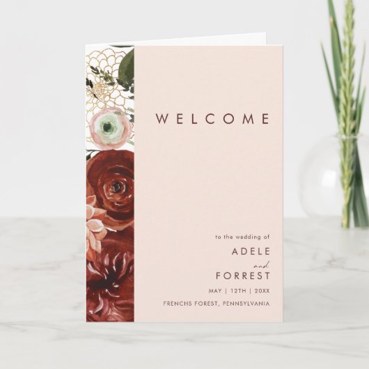Marsala Autumn Floral | Blush Folded Wedding Programma (Voorkant)