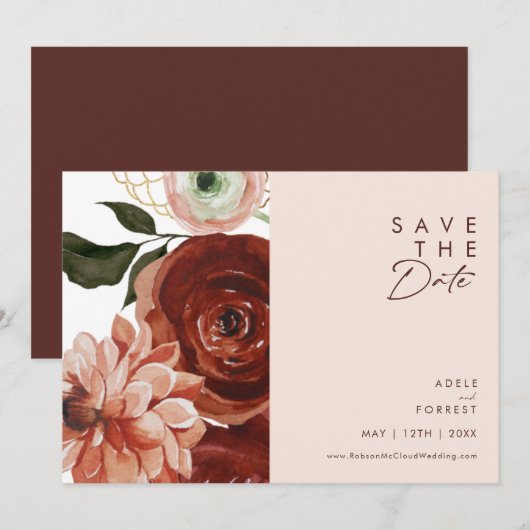 Marsala Autumn Floral | Horizontaal overspoelen Save The Date (Voorkant / Achterkant)