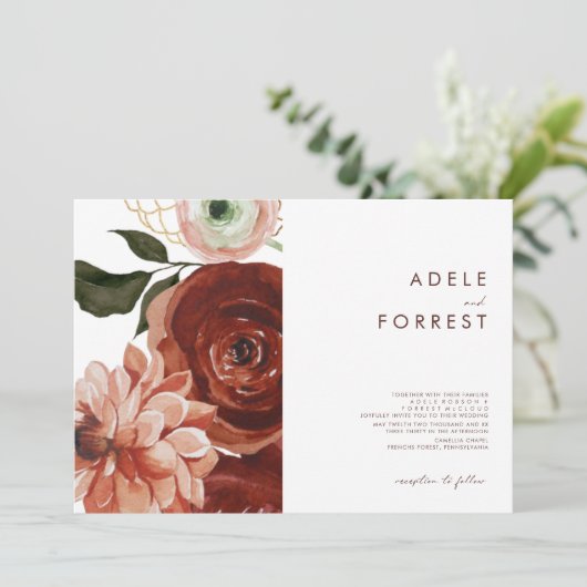 Marsala Autumn Floral | Horizontaal witte bruiloft Kaart (Staand voorkant)