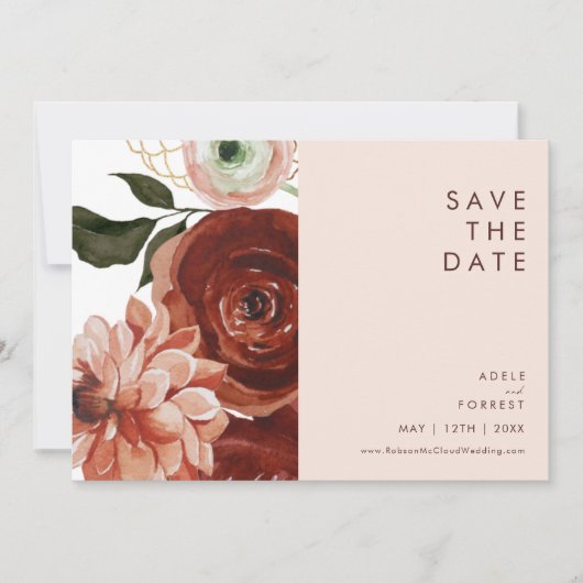 Marsala Autumn Floral | Horizontaal zwart Save The Date (Voorkant)