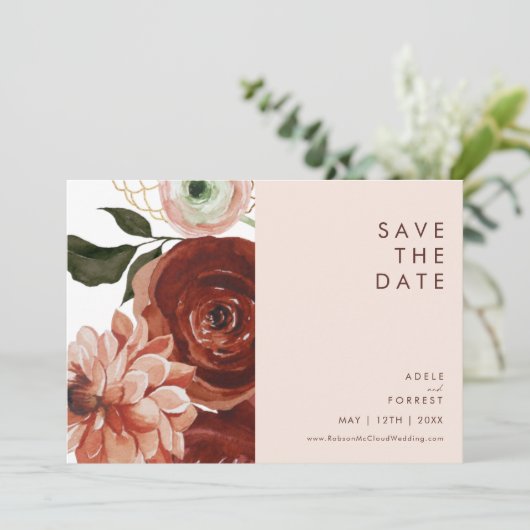Marsala Autumn Floral | Horizontaal zwart Save The Date (Staand voorkant)