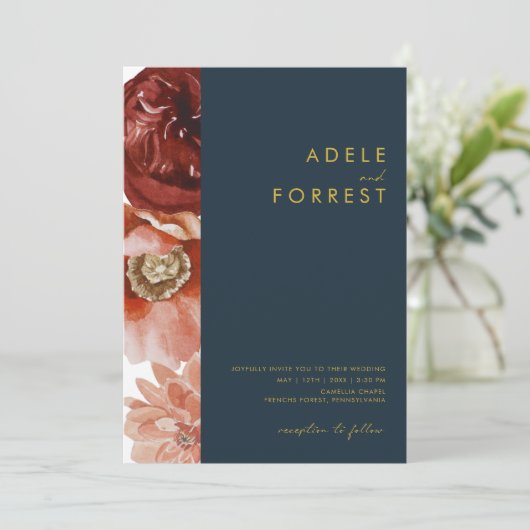 Marsala Autumn Floral | marine all in one bruiloft Kaart (Staand voorkant)