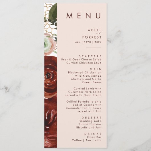 Marsala Autumn Floral | Menu Blinde bruiloft (Voorkant)