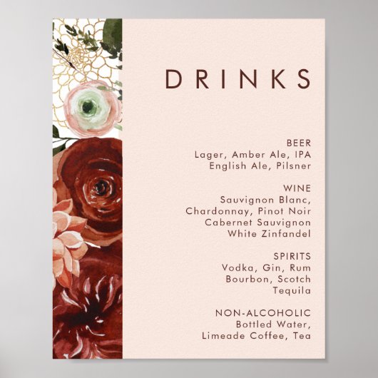 Marsala Autumn Floral | Menu Blinde Drinken Poster (Voorkant)