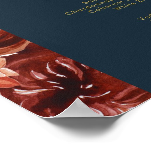Marsala Autumn Floral | Menu Navy Wedding Drinken Poster (Hoek)