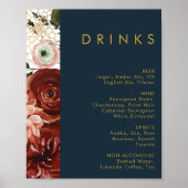 Marsala Autumn Floral | Menu Navy Wedding Drinken Poster (Voorkant)