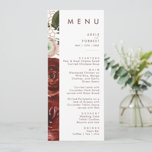 Marsala Autumn Floral | Menu Wit-weddenschap (Staand voorkant)