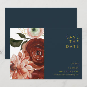 Marsala Autumn Floral   Navy Horizontaal Save The Date
