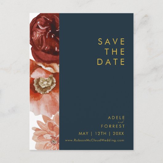 Marsala Autumn Floral Navy Save the Date Briefkaar Uitnodiging Briefkaart (Voorkant)