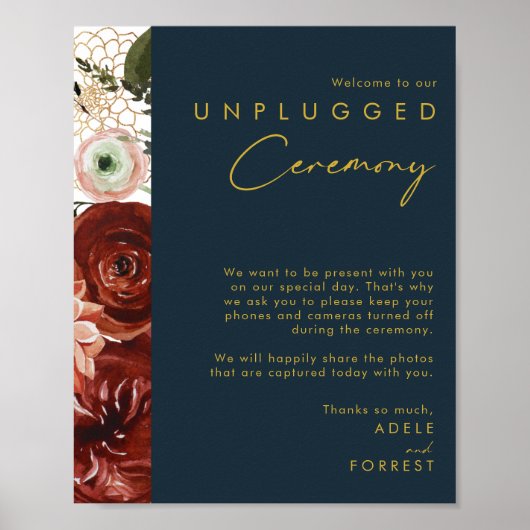 Marsala Autumn Floral | Navy Unplugged Ceremony Poster (Voorkant)
