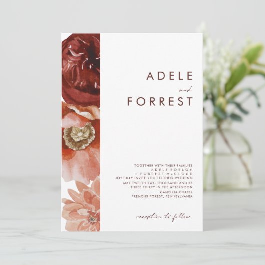 Marsala Autumn Floral | Uitnodiging tot weddenscha (Staand voorkant)