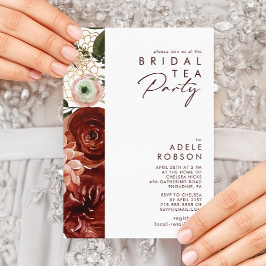 Marsala Autumn Floral | White Bridal Tea Party Kaart