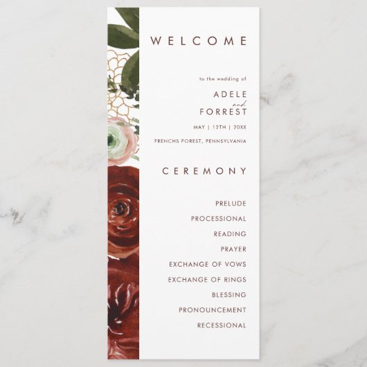 Marsala Autumn Floral | White Wedding Programme Programmakaart (Voorkant)