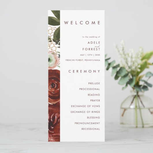 Marsala Autumn Floral | White Wedding Programme Programmakaart (Staand voorkant)