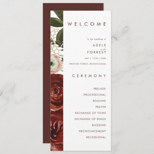 Marsala Autumn Floral | White Wedding Programme Programmakaart (Voorkant / Achterkant)