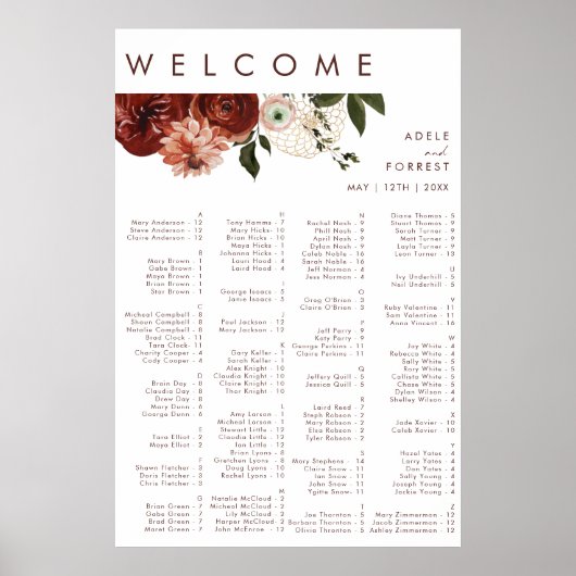 Marsala Autumn Floral | Witte alfabetische zitplaa Poster (Voorkant)
