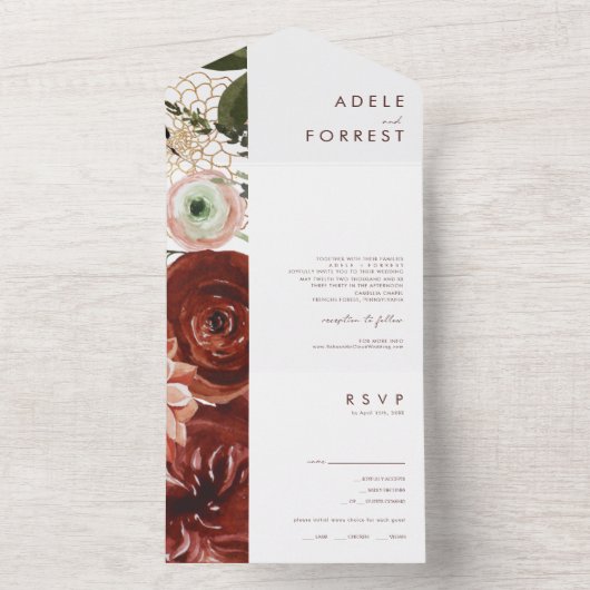 Marsala Autumn Floral | Witte zegels en verzenden All In One Uitnodiging (Binnen)