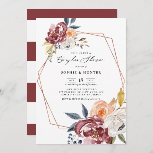 Marsala Autumn Flowers Geometric Couples Shower Kaart (Voorkant / Achterkant)