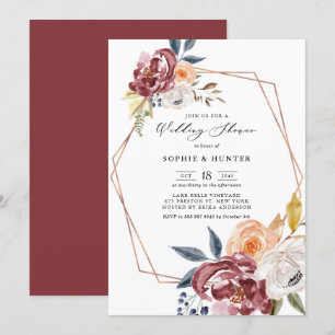 Marsala Autumn Flowers Geometric Wedding Shower Kaart