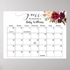 Marsala Baby Shower Raad de Verwachte Datum Kalend Poster