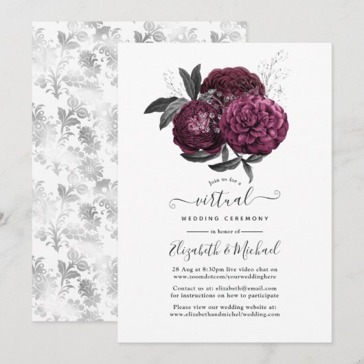 Marsala, Black en Silver Floral Virtual Wedding Kaart (Voorkant / Achterkant)