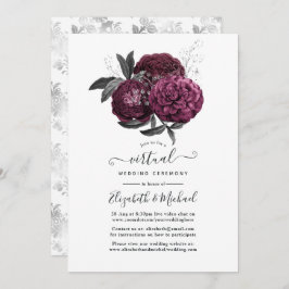 Marsala, Black en Silver Floral Virtual Wedding Kaart