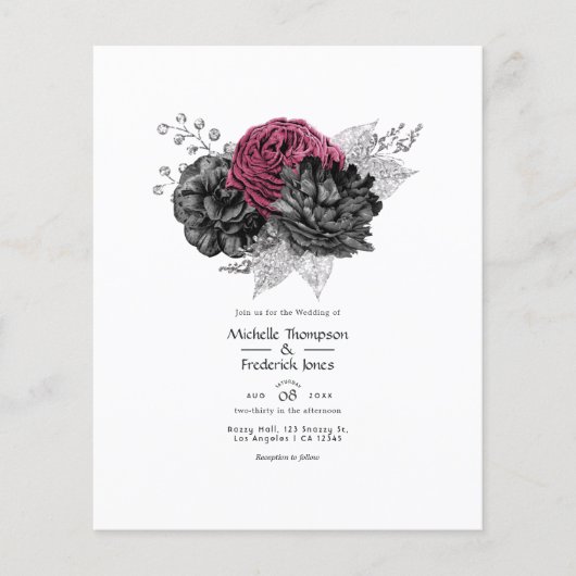 Marsala, Black en Silver Floral Wedding Flyer (Voorkant)
