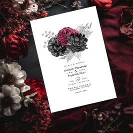 Marsala, Black en Silver Floral Wedding Kaart