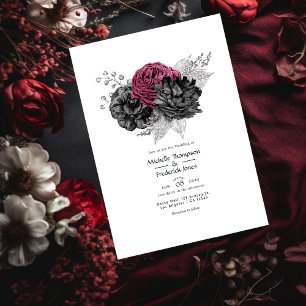 Marsala, Black en Silver Floral Wedding Kaart