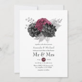 Marsala, Black en Silver Floral Wedding Kaart (Voorkant)