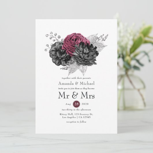 Marsala, Black en Silver Floral Wedding Kaart (Staand voorkant)