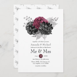 Marsala, Black en Silver Floral Wedding Kaart