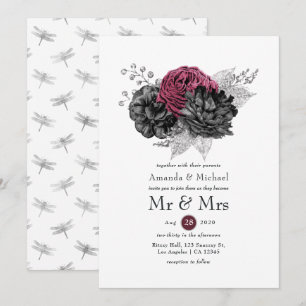 Marsala, Black en Silver Floral Wedding Kaart