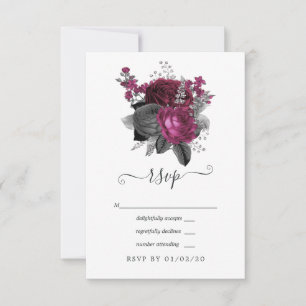 Marsala, Black en Silver Floral Wedding RSVP Kaartje