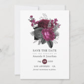 Marsala, Black en Silver Floral Wedding Save The Date (Voorkant)