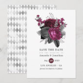 Marsala, Black en Silver Floral Wedding Save The Date (Voorkant / Achterkant)