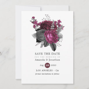 Marsala, Black en Silver Floral Wedding Save The Date